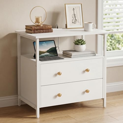 Edbuosy 27 inch Wide Night Stand with Charging Station, Bedside Table with Open Shelf, 2 Drawers Small Wood Dresser, Modern Wood Nightstand for Bedroom/Living Room (White) - color: White, size: 2 Drawers