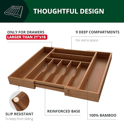 ROYAL CRAFT WOOD Luxury Bamboo Kitchen Drawer Organizer - Silverware Organizer - Utensil Holder and Cutlery Tray with Grooved Drawer Dividers for Flatware and Kitchen Utensils (9 Slot, Brown Bamboo) - color: Brown Bamboo, size: 9 Slot