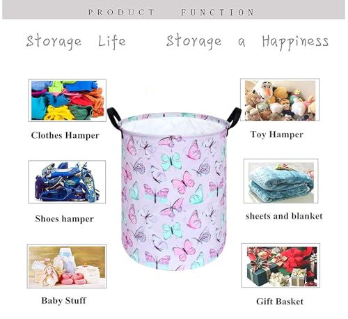 KUNRO Kids Laundry Hamper Clothes Gift Basket Storage Laundry Baskets Organizer Bin with Handles for Nursery Room (Purple Butterfly) - color: Purple-Butterfly