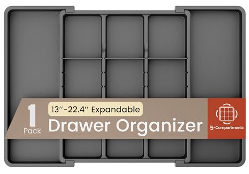 Black Expandable Utensil Drawer Organizer 1 Pack, Adjustable 13” to 22.4”, 5 Compartment Silverware Organizer for Kitchen Utensils, Spatulas, Cutlery, and Tools, Easy to Clean, Durable, and BPA-Free - color: Black, size: 5 Comp'ts (Pack of 1)
