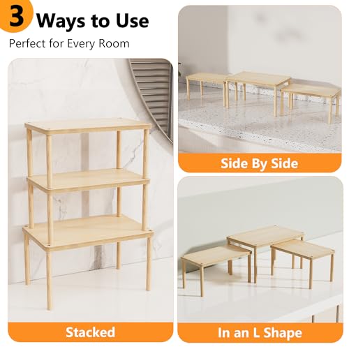 HYPIGO Cabinet Storage Organizer Shelf, Set of 3 Kitchen Cabinet Shelves, Stackable Cabinet Risers, Spice Rack Organizer for Countertop, Under Sink, Bathroom, Pantry Organization with Non-Slip Mat