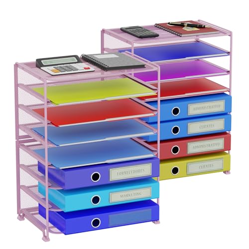Simple Trending 2 Pack 8 Tier Letter Tray Paper - Mesh Desk File Organizer for Office School Desktop, Pink - color: 2 Pack 8 Tier Pink-Mesh Desk