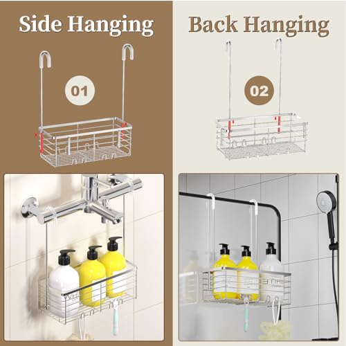 DELLAN Hanging Shower Organizer, Shower Rack with Hooks Over the Door, Bathroom Shower Caddy and Basket - color: Silver, size: 11"D x 4.7"W x 3.9"H