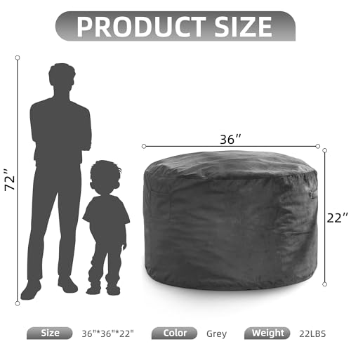 Hobestluk 3FT Bean Bag Chair Giant Bean Bag Chairs for Adults Large Bean Chairs with Removable Cover, Beanbag Chair with Filler, Adult Bean Bag Chairs for Living Room, Bedroom - color: Grey, size: 3FT - 36" x 36" x 22"
