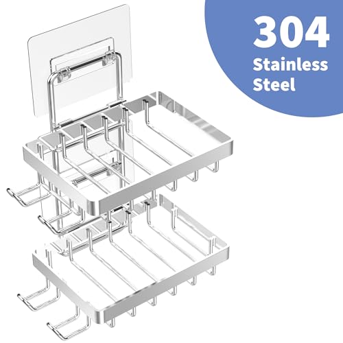 Moforoco Silver Double Soap Bar Holder for Shower, No Drilling Rustproof Stainless Steel, Wall Mounted Soap Holder with 4 Hooks and Razor Holder, Shower Rack Soap Tray Bar Soap for Bathroom & Kitchen - color: Silver, size: 2-T