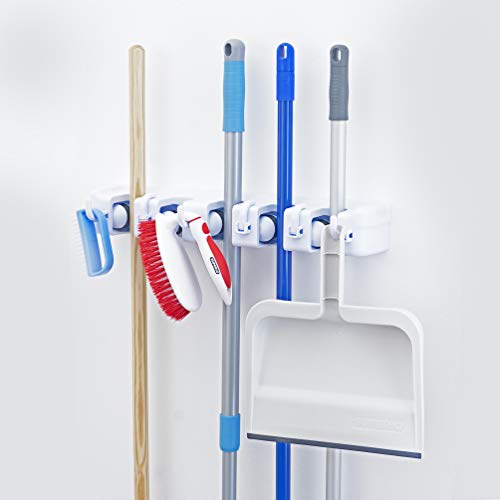Superio Mop and Broom Holder Wall Mount White (2 Pack) Cleaning Tools Wall Organizer, 5 Rack Slots and 6 Hooks for Kitchen Closet Garage Garden and Office. - color: White, size: Large, 2-pack