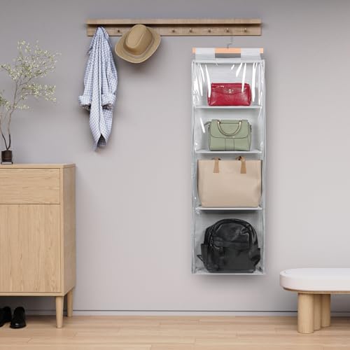 Syeeiex Hanging Handbag Purse Organizer with Zippers, Clear Slubbed Fabric+PVC Hanging Closet Bag Organizer, 4 Mesh Shelves,Dustproof Handbag Closet Tote Storage Bag for Door, Wardrobe, Shelf Rack - color: Grey-4 Shelves