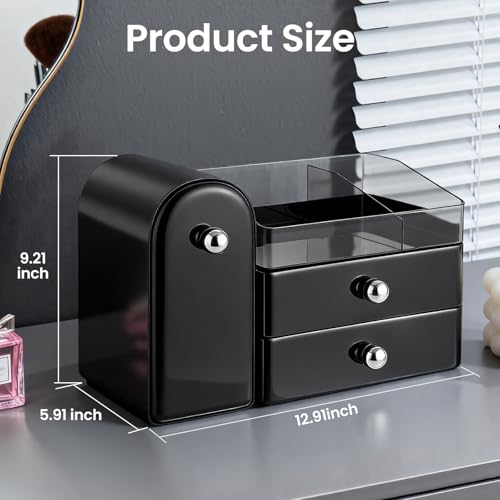 Makeup Organizer,Vanity Organizer with Makeup Brush Holder,Large Skincare Organizers with Drawers,Bathroom Countertop Organizer,Storage Lipstick,Perfume,Nail Polish,Beauty,Mothers Day Gifts - color: Black
