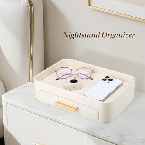 GORESE PU Leather Valet Tray with Drawer, Nightstand Organizer Catch All Tray for Jewelry Perfume Purse Trinket Key Holder, EDC Trays for Desk Vanity Entryway Table, Gift for Women Men, Cream White - color: Cream White