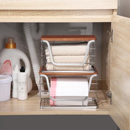 ALOCEO 2 Pack Stackable Storage Bins with Lids, Stainless Steel Extra Large Trash Bag Dispenser for Kitchen Sink, Laundry, Pantry Organizer and Storage, Fit 13/30/33 Gallon Garbage Bags, Walnut Sliver - color: 2-pack - Xl&l Walnut Sliver