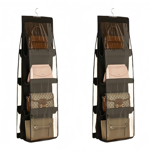 HAN SHENG 8 Pockets Clear Handbag & Purse Organizer Hanging Bag Storage - Space Saving Hanging Shelf for Closet, Wardrobe, Over Door (2 Pack, Black) - color: Black, size: 8 Pockets-2pcs