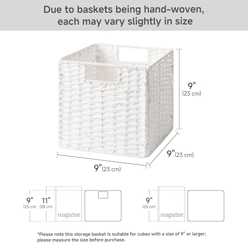 StorageWorks 9 inch Wicker Storage Cubes, Handwoven Wicker Baskets for Storage, Square Cube Basket, Foldable Paper Rope Basket for Organizing, White, 2 Pack - color: White, size: 9"L x 9"W x 9"H