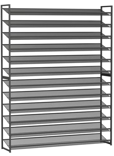 Large Shoe Rack 12 Tier Shoe Organizer, Heavy Duty Metal 6-Tier Stackable Shoe Storage Vertical Shoe Rack for Closet Front Door Entrance, Up to 75 Pairs, 44.8" W x 11.4" D x 85.1" H, Black - color: Black, size: 12 Tier