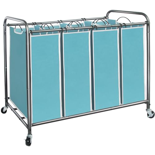 STORAGE MANIAC Laundry Sorter 4 Section, 47.8 Gal (181 L) Laundry Hamper with Wheels, Clothes Divider Basket Sorter, Clothes Separator Hamper Cart with Wheels and Removable Bags, Blue - color: Blue, size: 4 Section