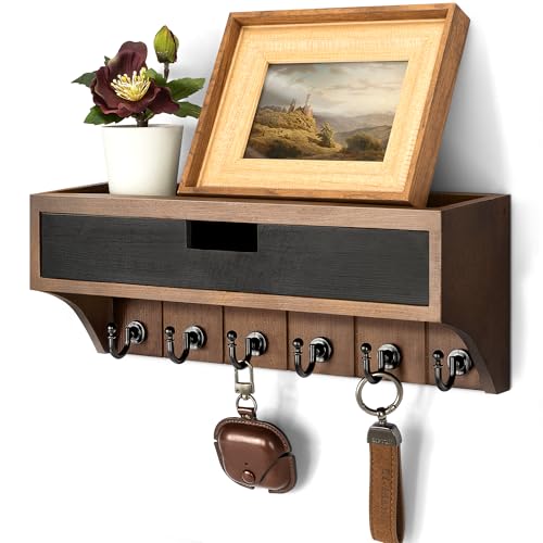 Rebee Vision Pine Wood Key Holder Wall Mount with Drawer Organizer – Decorative Mail Organizer with 6 Key hooks and Wall Shelf - Modern Room Decor for Entryway or Living Room (Brown & Black) - color: Brown & Black, style: 1-Drawer
