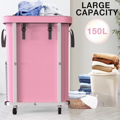 40 Gal(150L) High Grade Large Laundry Basket with Wheels, Rolling Laundry Hamper, Laundry Cart with Metal Frame and Removable Bag Design, Suitable for Laundry Room, Bedroom (Pink, 150L) - color: Pink, size: 1 Section 150L