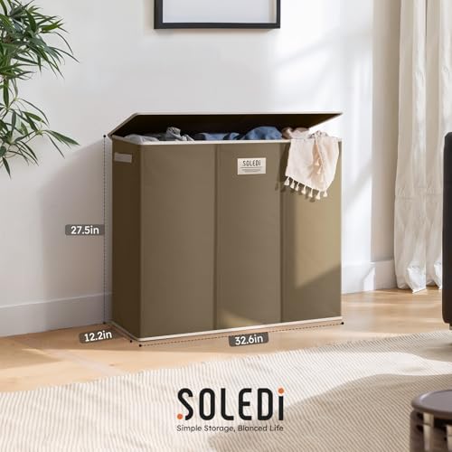 SOLEDI 180L 3-Section Laundry Hamper with Lid, Extra Large Dirty Clothes Basket with Sturdy Handles for Laundry Room & Bedroom - Durable Organizer for Sorting Laundry - color: Chocolate Brown, size: 180L