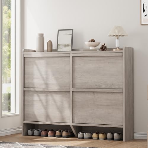 GarveeHome Shoe Cabinet with 4 Flip Drawers, Wooden Shoe Organizer Cabinet with Adjustable Shelf, Shoe Storage for Entryway, Hidden Shoe Cabinet for Hallway, Living Room, Grey - color: Grey, size: 4-Drawers