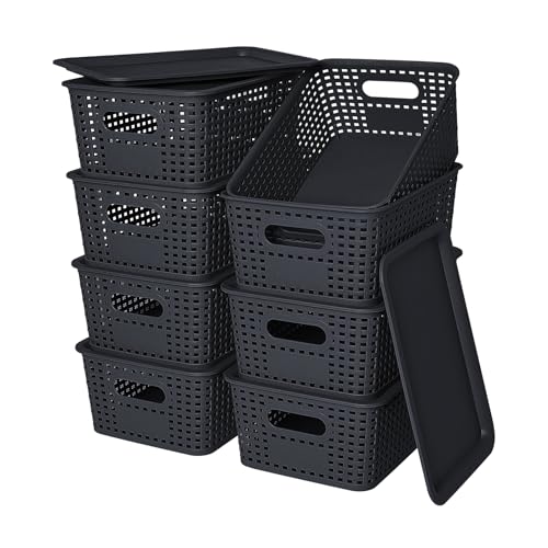 Plastic Storage Baskets with Lid-Plastic Storage Containers Stackable Storage bins: Storage Baskets for Organizing Shelves Drawers Desktop Closet Playroom Classroom Office, 8Pack-Black10.2x7.2x4.1Inch - color: Black