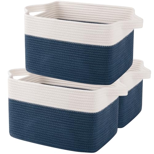OIAHOMY Storage Baskets - Woven Cotton Rope Baskets for Shelves, Toy Towel Organizer Bins, Pack of 3, Blue & White - color: Blue & White, size: 3 pcs-13”x9.9”x8.7”