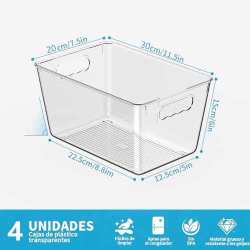 Clear Plastic Storage Bins, 4-Pack Stackable Pantry Organizers and Storage Containers for Kitchen, Fridge, Cabinet and Closet Organization - Home Essentials - color: 4 Pack, size: L (11.5"L x 7.5"W x 6"H)