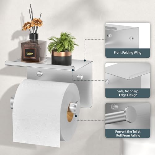 FORIOUS Toilet Paper Holder with Shelf, Adhesive or Screw Wall Mount Toilet Roll Holder for Bathroom, Rustproof 304 Stainless Steel Commercial Toilet Tissue Holder with Storage, Brushed Nickel - color: Stainless Steel