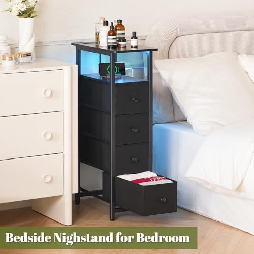 Yoobure LED Narrow Nightstand with Charging Station - Slim Dresser for Bedroom Narrow Side Table Storage Cabinet, Small Dressers Chest of Drawers, Tall Skinny Night Stand End Table for Small Spaces - color: Black