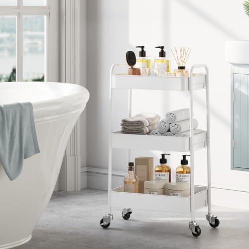 TOOLF 3-Tier Rolling Cart - Metal Utility Storage Organizer with Lockable Wheels, 33 lbs Per Shelf, Tool-Free 5-Min Assembly, for Kitchen Bathroom Office Nursery Craft Room, White - color: White, size: 3-Tier