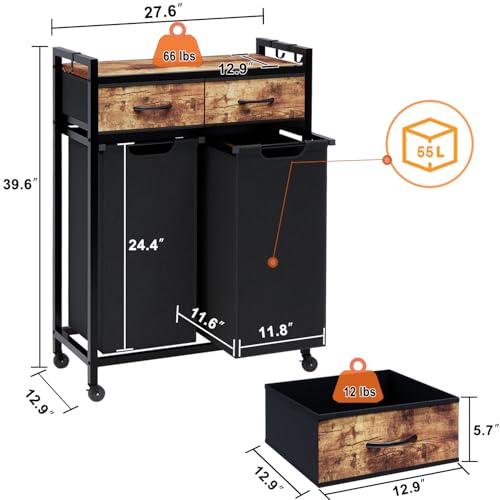 Timberer Laundry Hamper, Laundry Sorter 2 Section, Rolling Laundry Basket with Wheels, 2 Drawers, 2 × 14.5 Gal (55 L), Pull-Out and Removable Oxford Fabric Bags, Black and Rustic Brown - color: Black + Rustic Brown, size: 2 Bags (27.6"L x 12.9"W x 39.6"H)