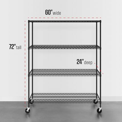 SafeRacks - NSF Certified Storage Shelves, Zinc, Heavy Duty Steel Wire Unit with Wheels and Adjustable Feet, Garage or Bakers Rack, Kitchen, Pantry Shelf - (24"x60"x72" 4-Tier) (Black) - color: Black, size: 24"x60"x72" 4-Tier