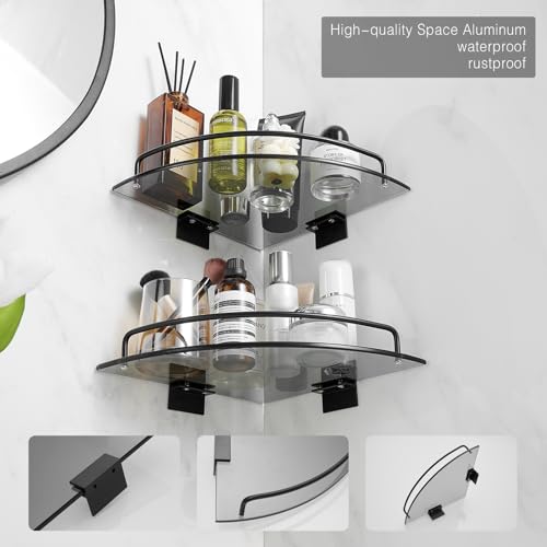 Voldra Glass Corner Shower Caddy, 2 Pack Adhesive Corner Shower Shelves for Inside Shower No Drilling, Tempered Glass Bathroom Corner Shelf with Guardrail Bathroom Shower Organizer Storage Rack(Black) - color: Glass-Corners, size: 2 Pack