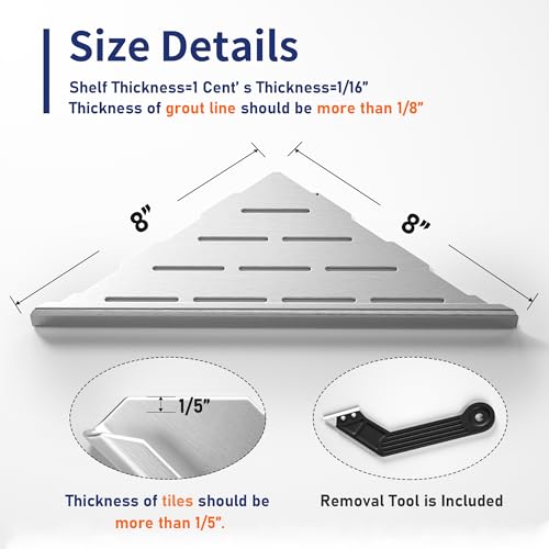 8'' Corner Shower Shelf 2PCS, 304 Stainless Steel Recessed Bathroom Shelves for Tiled Wall, Grout in Shelf (8'', Silver) - color: Silver, size: 8''