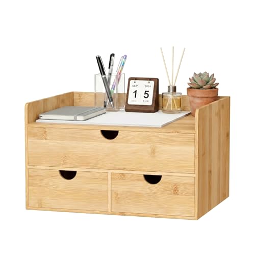 Desk Organizer with Drawers - Bamboo Desktop Organizer Storage | Wood Desk Drawers Organizer for Bills, Office Supplies, Cosmetics, Seals No Assembly Required - color: Nature-S1X2, size: 13"L x 9.84x 7.08"H