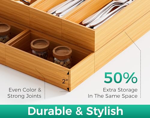 Bamboo Kitchen Drawer Organizer Boxes – 14" x 5" Stackable Wood Silverware Utensil Tray for Drawers Bins Cutlery & Flatware Storage – Wooden Pantry Organizers Set of 2 for Junk Drawer Bathroom Rv - size: 14" x 5" x 2"