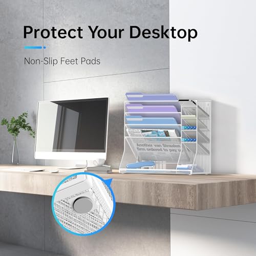 Wall File Organizer, 5-Tier Desk Organizer with 4 Pen Slots, Hanging Wall File Folder Holder with R-shaped Bottom Tray, Mesh Versatile Mail Holder Desk Organization for Office, White - color: White