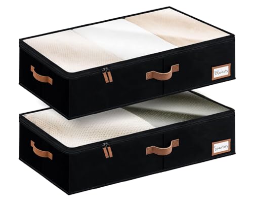 StorageWorks Large Under Bed Storage Containers with Handles and Label Holder, 2 Pack Ultra-thick Fabric Underbed Bins, Closet Organizer for Clothes, Blankets, Sweater - color: Black, size: Large-without Wheels