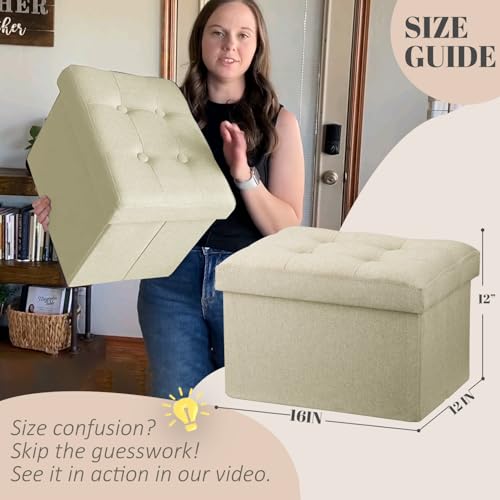 LINMAGCO Ottoman Storage Ottoman with Storage Small Foot Rest Stool Under Desk Stool Short Folding Footrest Linen Cloth Beigh 16X12X12IN - color: Beigh(linen), size: 16"X12"X12"