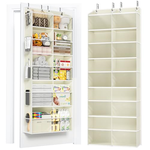 5-Tier Over The Door Organizer with 10 Side Mesh Pockets & Clear Windows, 80 lbs Weight Capacity Hanging Storage for Bathroom, Bedroom, Nursery, Kitchen, Organize Shoes, Diapers(Clear Beige) - color: Clear Beige, size: 1 Pack