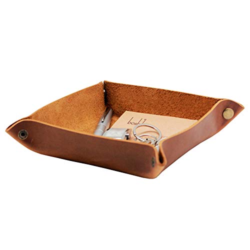 boshiho Valet Tray for Men, Leather Jewelry Catchall Key Phone Coin Box Change Caddy Bedside Storage Box (Crazy Horse Leather - Light Brown) - color: Crazy Horse Leather - Light Brown