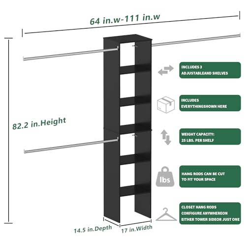 ROOMTEC Closet System, 17" Wide Wall-Mounted Closet Organizer Kit with Wood Storage Tower and 3 Hanging Rods, Wardrobe Closet System for Walk-In Closets, Black - color: Black, size: 17 Inch