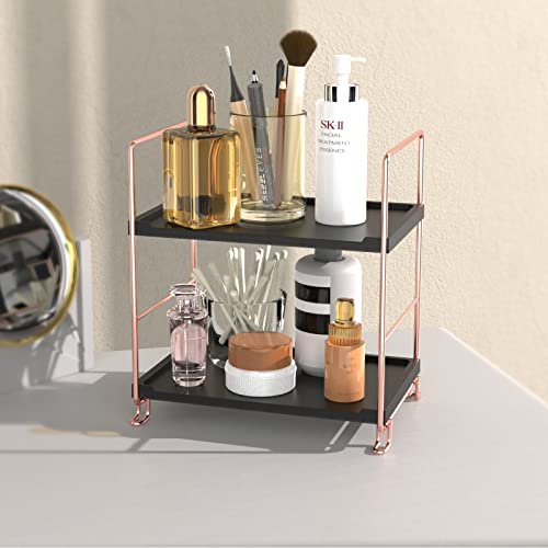 2-Tier Countertop Organizer Cosmetic Storage Rack Vanity Tray Stackable Standing Storage Shelf with Experience Manual(Rose Gold + Black) - color: Black + Rose Gold