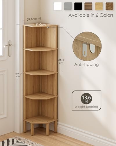 Corner Shelf, 5 Tier Corner Bookshelf, Display Corner Shelf Stand with Storage Rack, Wall Corner Bookshelf for Living Room, Bedroom, Office, Oak - color: Oak Without Light