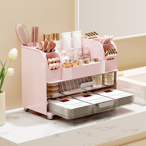 Makeup Organizer for Vanity with 2 Large Drawers, Cosmetic Display Case with Brush Holders, Easy to Storage for Bathroom Countertop Skincare, Perfume, Pink - color: Pink