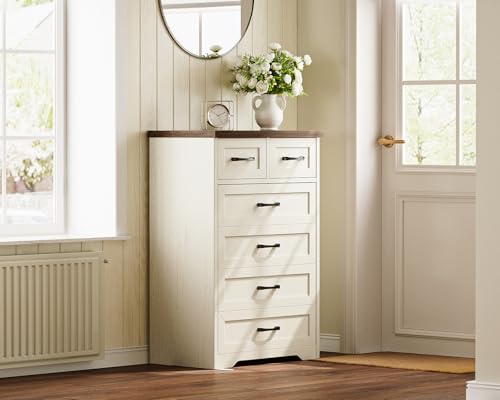 AODK Farmhouse Tall 6 Drawer Dresser for Bedroom, 5-Tier Vertical Storage Chest with Mixed Drawers, Engineered Wood Frame with Anti-Tip Safety, American Country Furniture, Walnut & Vintage White - color: Walnut & Vintage White, size: 15.7"D x 26"W x 38.2"