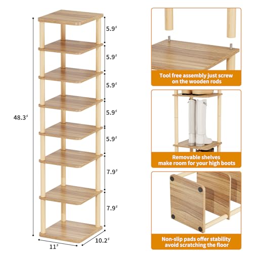 LUCKNOCK Vertical Shoe Rack, 8-Tier Tall Narrow Shoe Organizer for Entryway, Closet, Dorm & Small Spaces, Freestanding Wooden Shoe Shelf Tower for Boots, Sneakers, Heels. (Walnut) - color: Walnut