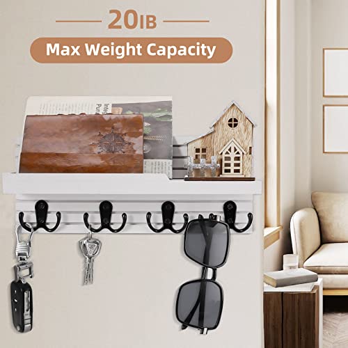 Decorative Key Hanging Rack with 4 Double Hooks – Easy Install Natural Wooden Key and Mail Holder for Wall Mount – Entryway Decor Rack with Shelf (White) - color: White