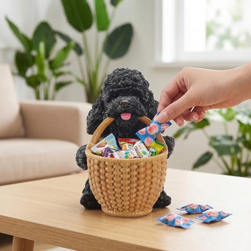 Everyday Carry Valet Tray & Bedside Nightstand Organizer Featuring Black Poodle Holding Basket - Canine Butler Statue for Watches & Pocket Dump Storage - Sleek Modern Desktop Decor - color: Poodle Carrying Basket - Black, size: Poodle