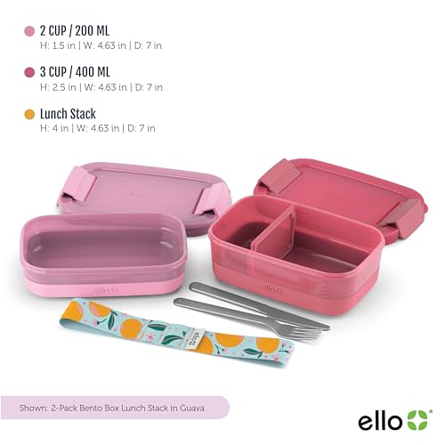 Ello 2-Pack Lunch Stack Plastic Food Storage Container Bento Box with Airtight, Leak-Proof Locking Plastic Lids and Silicone Base, BPA-Free, Freezer, Microwave, and Dishwasher Safe, Guava - color: Guava