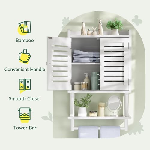 AmazerBath Bathroom Wall Cabinets, Bamboo Medicine Cabinets with Towel Bar, Hanging Over The Toilet Storage Cabinet with Adjustable Shelves, Organizer Cabinet for Small Spaces, 8.3x16.5x26.6 Inches - color: White With Striped Door, size: 16.5" W x 26.6" H