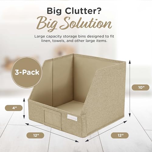 VIVIDECOR Open Front Storage Cubes 12x12x10 – Trapezoid Closet Shelf Bins, Easy Access Fabric Organizer for Clothes, Towels, Sweaters – Brown, 3 Pack - color: Brown